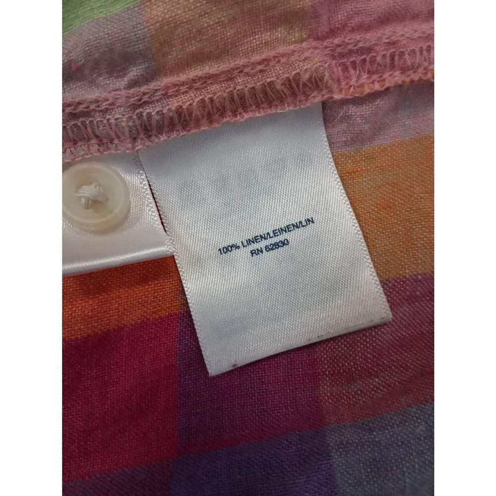 Lands end womens 1xl tab sleeve 100% linen shirt blouse plaid pink yellow - Picture 8 of 10